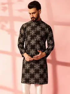 Anouk Geometric Printed Mandarin Collar Cotton Linen Straight Kurta