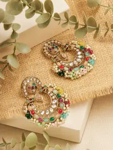 Zaveri Pearls Gold-Plated Kundan Studded & Beaded Crescent Shaped Chandbalis