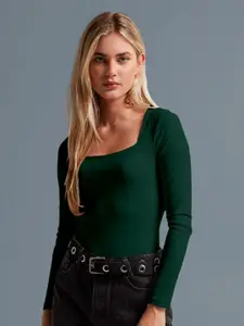 Dream Beauty Fashion Women Square Neck Long Sleeves Fitted Crop Top