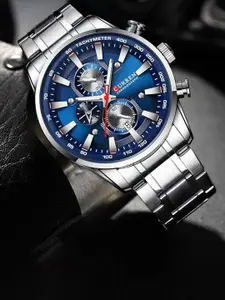 Curren Men Brass Dial & SS Bracelet Style Straps Analogue Watch CR-08445-Silver Blue