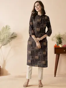 Anouk Floral Printed Mandarin Collar Three-Quarter Sleeves Straight Kurta