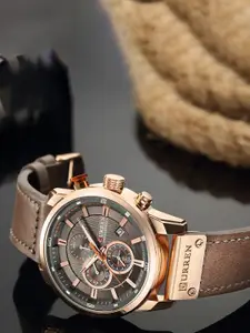Curren Men Brass Dial & Leather Bracelet Style Straps Analogue Watch CR-8291-Gold Brown