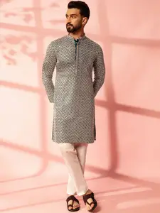 Anouk Geometric Embroidered Mandarin Collar Sequinned Cotton Straight Kurta