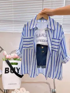 Xsole Girls Striped Shirt With Printed T-shirt And Shorts