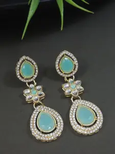 I Jewels Gold-Plated Artificial Stones Studded Teardrop Shaped Drop Earrings