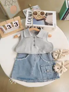 Xsole Girls Polo Collar Top With Skirt