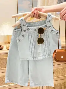 Xsole Girls Embroidered Shoulder Straps Top With Trousers