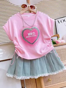 Xsole Girls Sequin Heart Embellished Top & Pleated Skirt