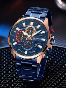 Curren Men Brass Patterned Dial & Stainless Steel Bracelet Style Straps Analogue Watch CR-8415-Blue RG