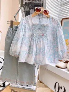 Xsole Girls Floral Printed Square Neck Top with Jeans