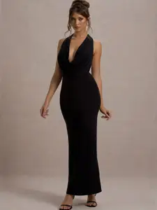 CLAFOUTIS Cowl Neck Crepe A-Line Maxi Dress