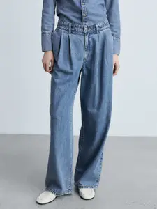 MANGO Women Wide Leg Pleated Jeans