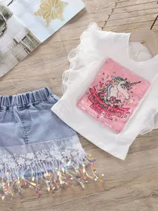 Xsole Girls Printed Round Neck Top With Skirt