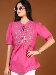 V-Mart Floral Embroidered Thread Work Pure Cotton Thread Work Kurti