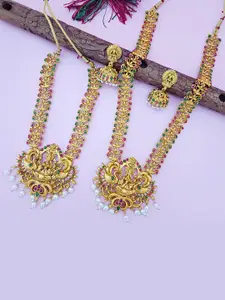 EVY Set Of 2 Gold-Plated CZ Studded & Beaded Lakshmi Peacock Pendant Bridal Jewellery Sets