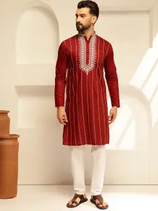 SOJANYA Geometric Embroidered Mandarin Collar Thread Work Cotton Silk Straight Kurta