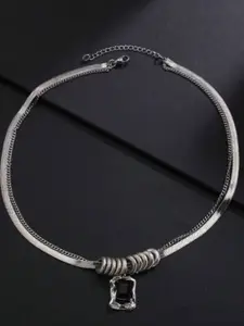 SUBHAGALANKAR Silver-Plated Stainless Steel Layered Artificial Stones Studded Necklace