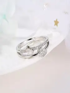DressBerry Silver-Plated Cubic Zirconia Stone Studded Dual Heart Finger Ring