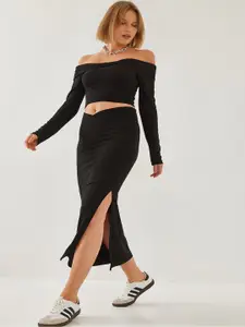 BIANCO LUCCI Off-Shoulder Long Sleeve Top With Skirt Co-Ords