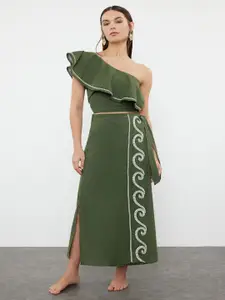 Trendyol Embroidered Pure Cotton One Shoulder Top With Skirt Co-Ords