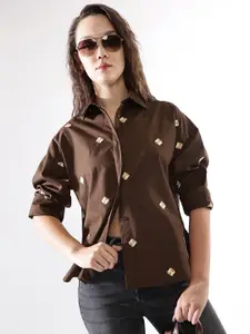 High Star Women Cotton Embroidered Oversized Casual Shirt
