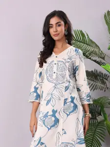 Varanga Floral Printed V-Neck Sequinned Panelled Cotton A-Line Kurta