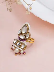 BeAbhika Gold-Plated Kundan Studded & Beaded Adjustable Finger Ring