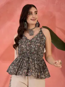 Sangria Floral Printed Pure Cotton Sleeveless Peplum Top