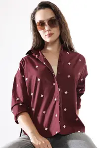 High Star Women Cotton Embroidered Oversized Casual Shirt