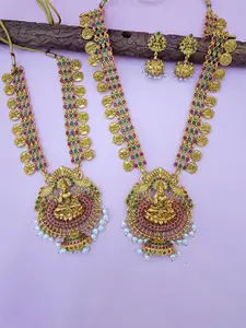EVY Set Of 2 Gold-Plated CZ Studded & Beaded Lakshmi Pendant Coin Bridal Jewellery Sets
