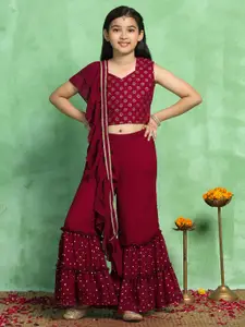 Sangria Girls Printed Crop Top With Sharara & Dupatta