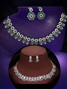 DIVASTRI Set Of 2 Silver-Plated Artificial Stones Studded Necklace With Earrings