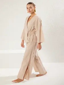 Trendyol Pure Cotton V-Neck Top With Trousers Co-Ords