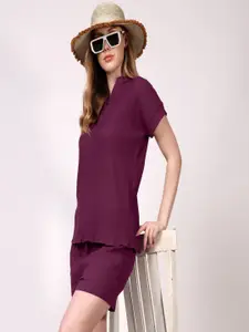 London Hills Mandarin Collar Pure Cotton Top With Shorts