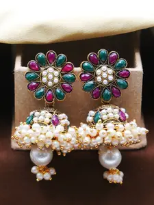 Anouk Gold Plated Artificial Stones Studded And Beaded Dome Shaped Jhumkas