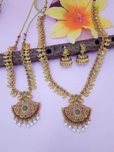 EVY Set Of 2 Gold-Plated CZ Studded & Beaded Paisley Style Pendant Bridal Jewellery Sets