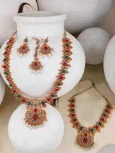 EVY Set Of 2 Gold-Plated CZ Studded & Beaded Peacock Pendant Bridal Jewellery Sets