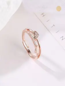 DressBerry Rose Gold-Plated Cubic Zirconia-Studded Dual Heart Finger Ring