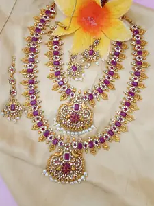 EVY Set Of 2 Gold-Plated CZ Studded & Beaded Peacock Pendant Bridal Jewellery Sets