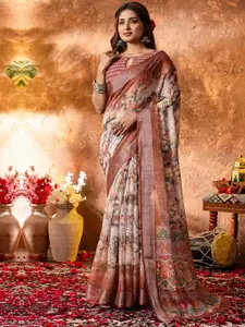 Saree mall Zari Linen Blend Block Print Sarees