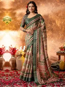 Saree mall Ethnic Motifs Zari Linen Blend Block Print Sarees
