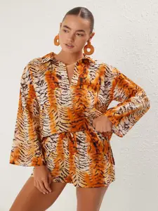 Trendyol Printed Pure Cotton Shirt Collar Top With Shorts Co-Ords