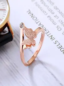 DressBerry Rose Gold-Plated Cubic-Zirconia-Studded Butterfly Finger Ring