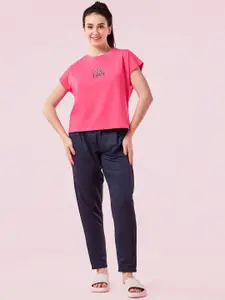 Enamor Graphic Embroidered Dolman Sleeve Crew Neck Lounge T-Shirt