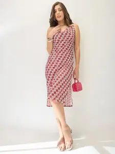 Globus Cowl Neck Metal Shoulder Straps Side Slits Sheath Midi Party Dress