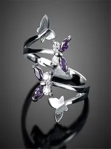 DressBerry Silver-Plated Crystal Studded Flower Finger Ring