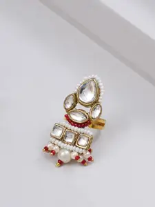 BeAbhika Gold-Plated Kundan Studded & Beaded Adjustable Finger Ring
