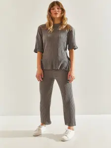 BIANCO LUCCI Ribbed Round Neck T-Shirt With Trousers Co-Ords