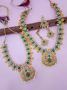 EVY Set Of 2 Gold-Plated CZ Studded & Beaded Peacock Pendant Bridal Jewellery Sets