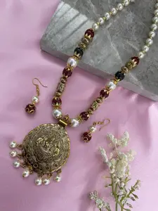 Digital Dress Room Gold- Plated Laxmi & Pear Pendant Long Necklace Jewellery Set